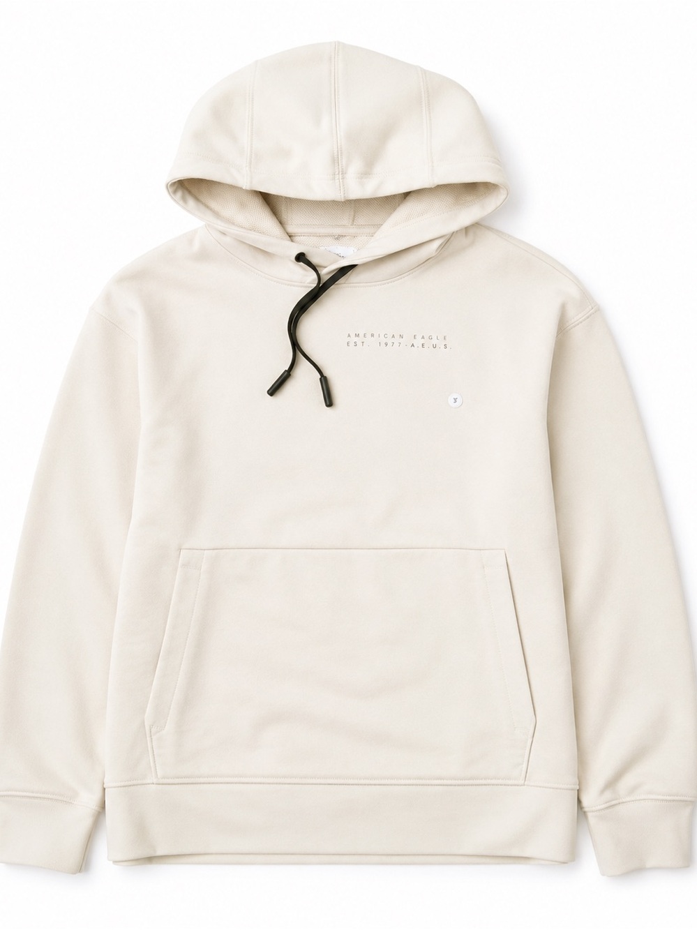 American Eagle Outfitters Cream Pullover Hoodie with Black Drawstrings